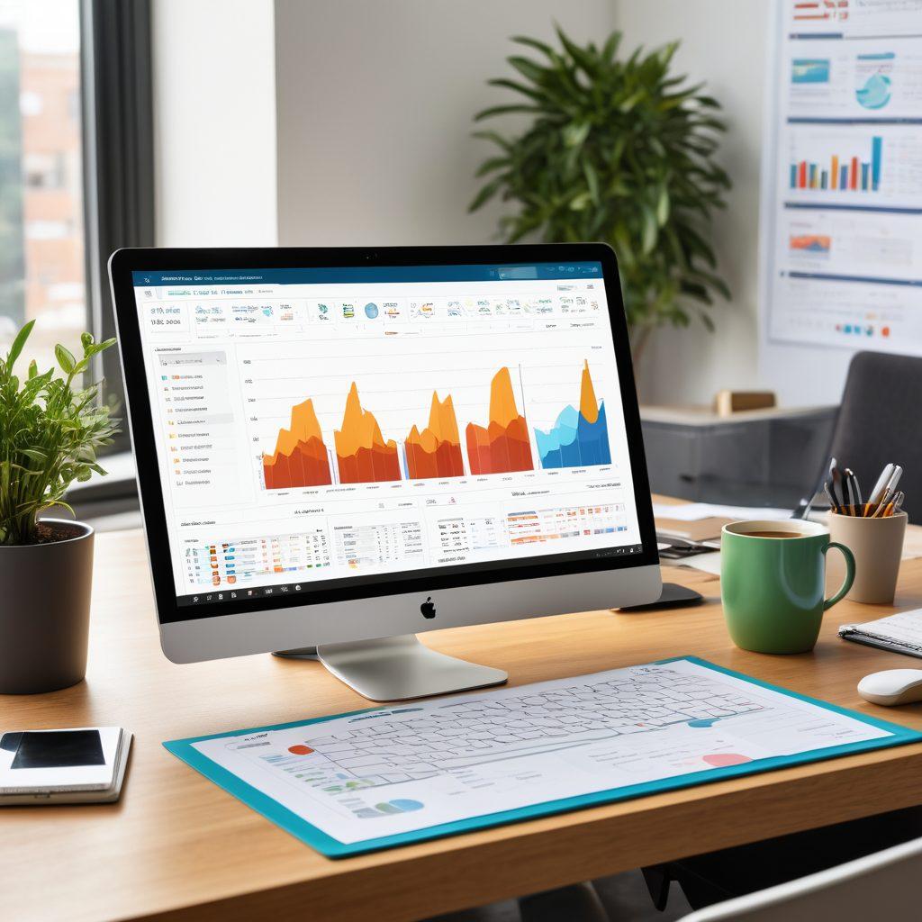 A sleek, modern workspace featuring a computer screen displaying a user-friendly billing dashboard, surrounded by vibrant charts and graphs showing membership statistics. Include a planner with checklists and a coffee cup, representing organization and productivity. Use bright colors to evoke a sense of efficiency and creativity. super-realistic. vibrant colors.