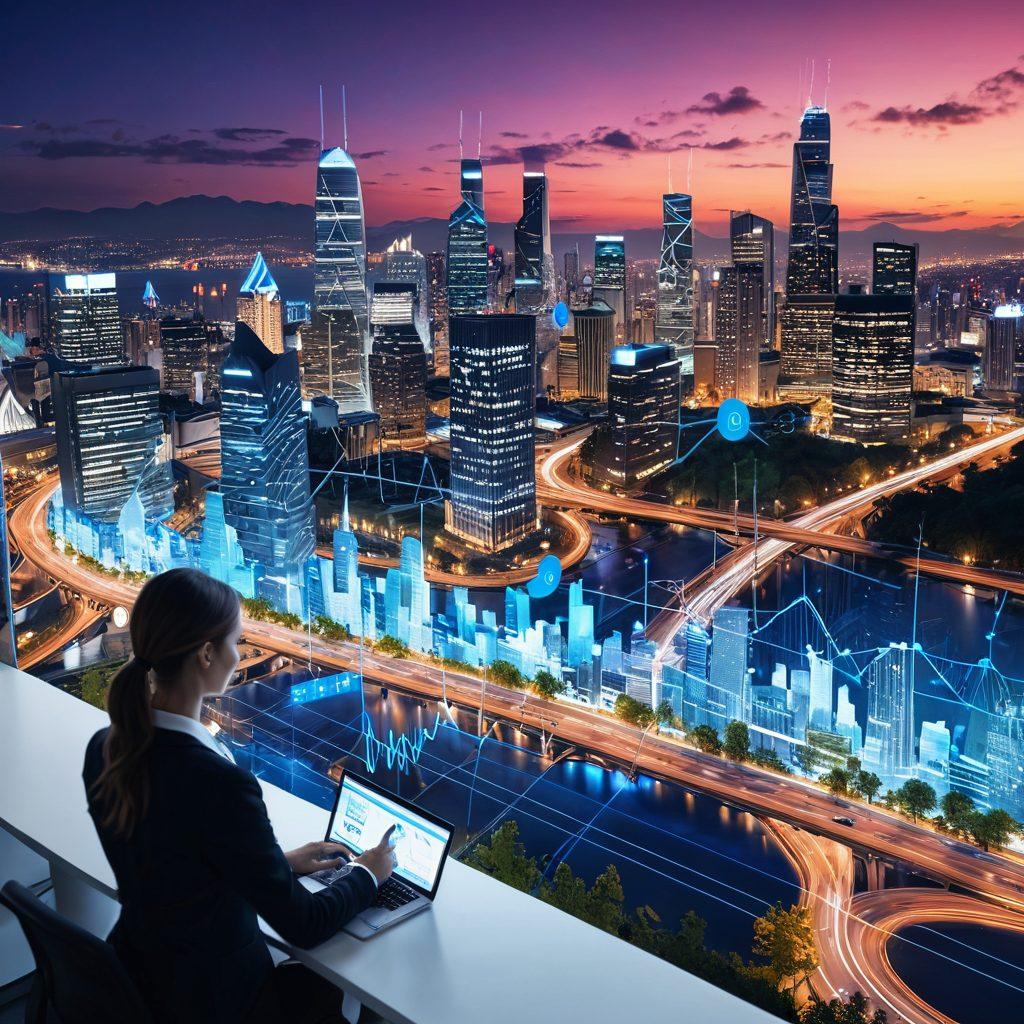 A modern digital landscape depicting a seamless service continuity flow, featuring interconnected gears symbolizing smart renewal management. Include diverse professionals collaborating over a digital interface with charts and graphs, radiating efficiency and innovation. The background should show a city skyline with a blend of technology and nature, highlighting harmony between progress and sustainability. vibrant colors. 3D.