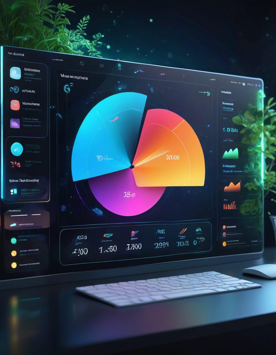 A futuristic digital dashboard showcasing seamless subscription management tools, including charts and progress bars for automatic renewals, surrounded by glowing circuit patterns. In the background, a serene blend of technology and nature symbolizes harmony in subscription services. The scene is dynamic, with icons of subscriptions floating in mid-air, and a person interacting with a holographic interface, representing mastery over the process. super-realistic. vibrant colors. 3D.